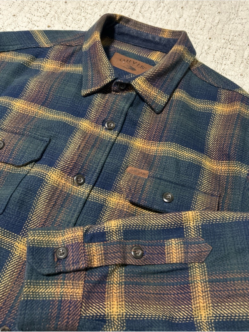Orvis Men's Plaid Wool-Blend Overshirt Jacket in Navy and Mustard Size Large